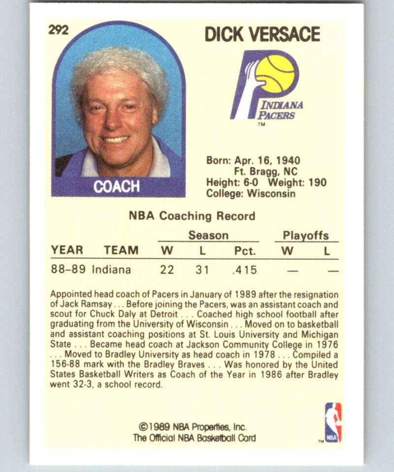 1989-90 Hoops #292 Dick Versace Pacers CO NBA Basketball Image 2