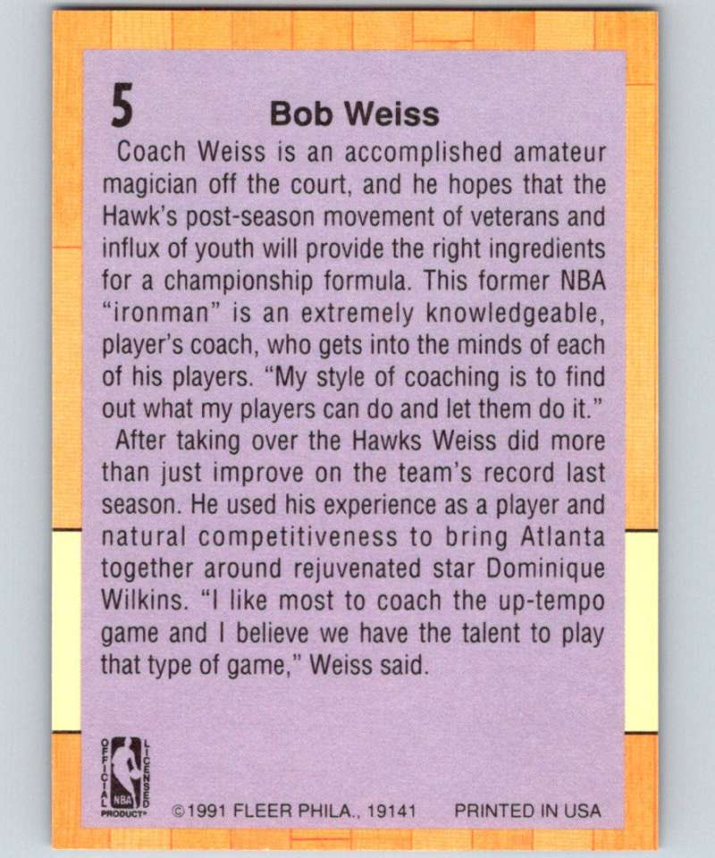 1991-92 Fleer #5 Bob Weiss Hawks CO NBA Basketball Image 2