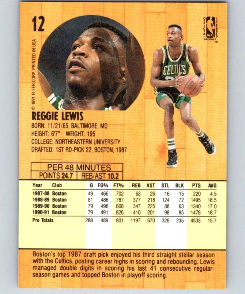 1991-92 Fleer #12 Reggie Lewis Celtics NBA Basketball Image 2