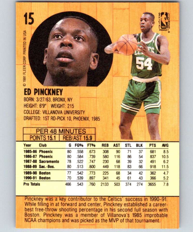 1991-92 Fleer #15 Ed Pinckney Celtics NBA Basketball Image 2