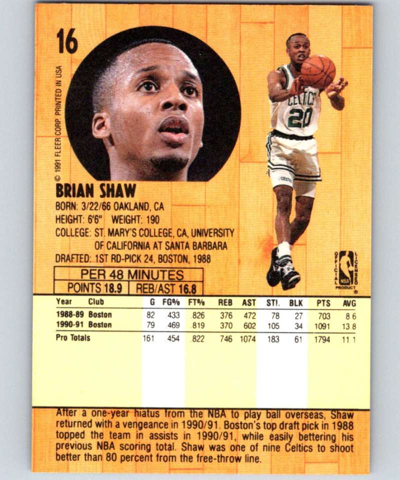 1991-92 Fleer #16 Brian Shaw Celtics NBA Basketball
