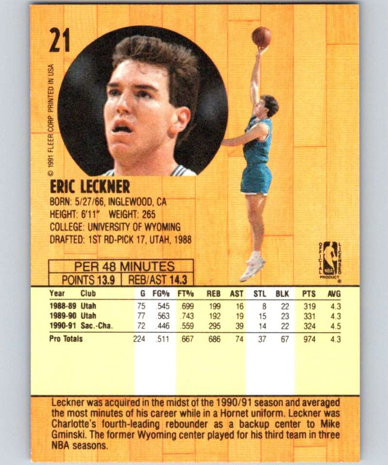 1991-92 Fleer #21 Eric Leckner Hornets NBA Basketball
