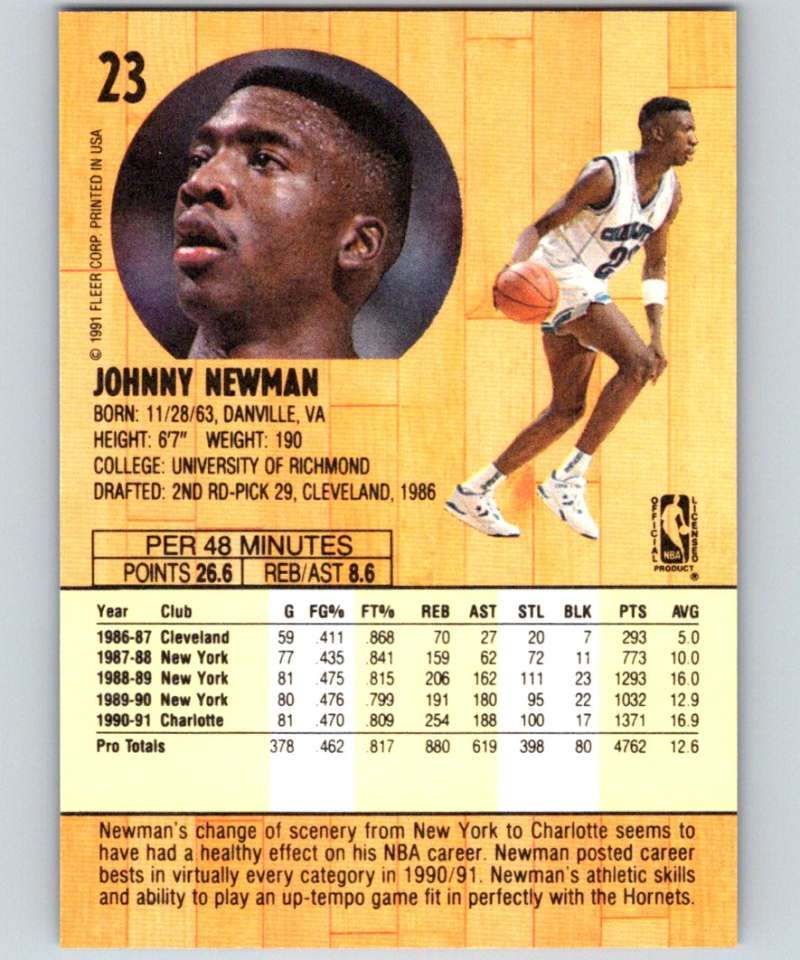 1991-92 Fleer #23 Johnny Newman Hornets NBA Basketball