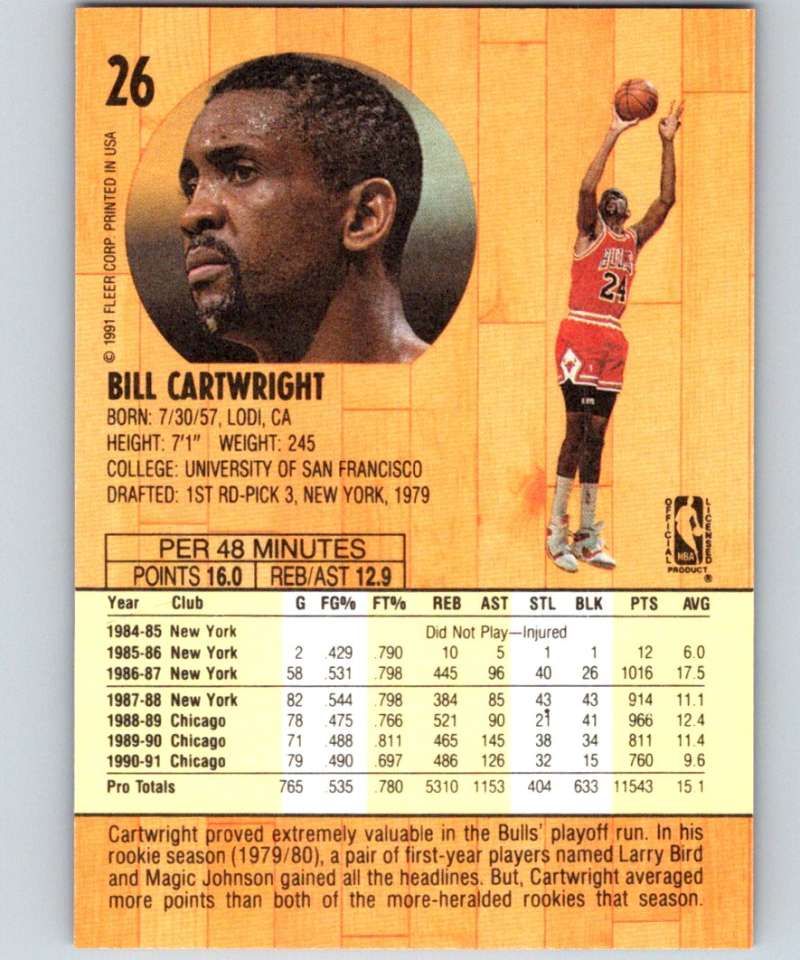 1991-92 Fleer #26 Bill Cartwright Bulls NBA Basketball Image 2