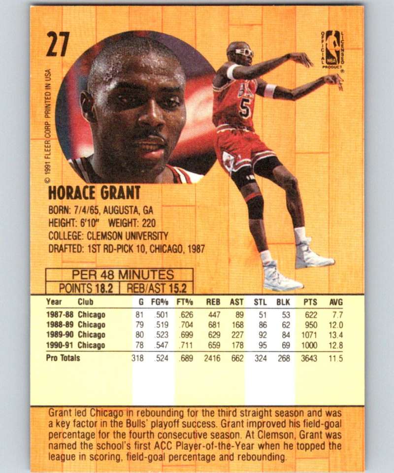 1991-92 Fleer #27 Horace Grant Bulls NBA Basketball Image 2