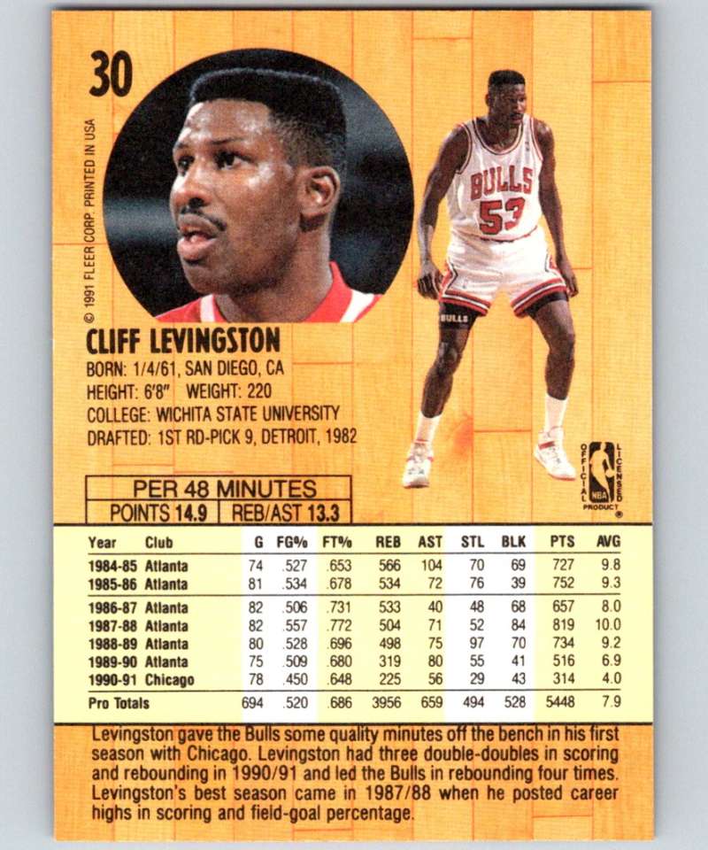 1991-92 Fleer #30 Cliff Levingston Bulls NBA Basketball Image 2