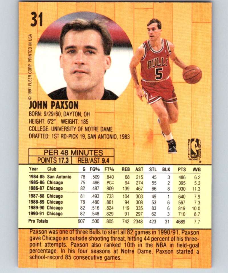 1991-92 Fleer #31 John Paxson Bulls NBA Basketball