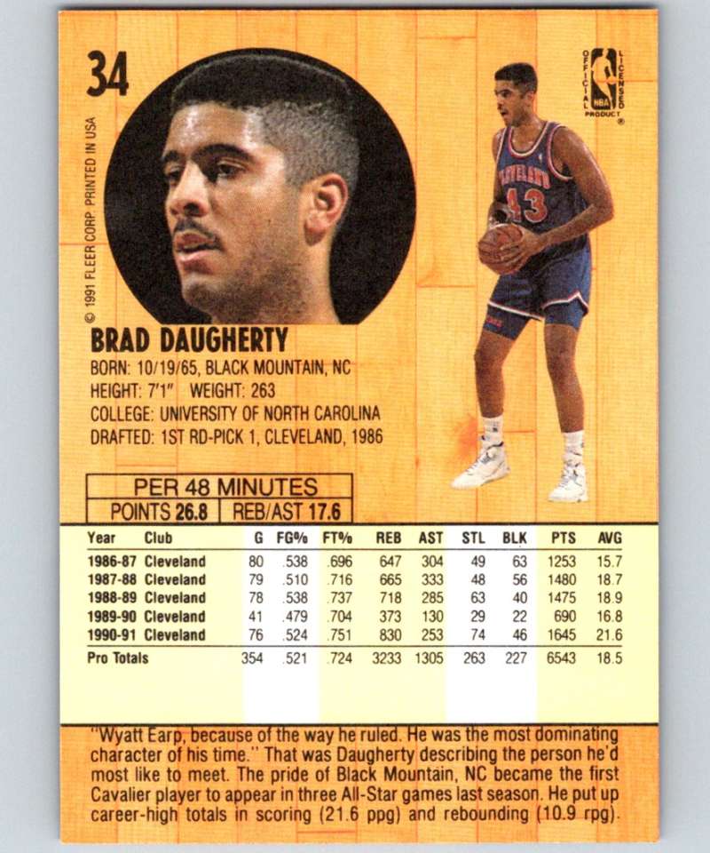 1991-92 Fleer #34 Brad Daugherty Cavaliers NBA Basketball