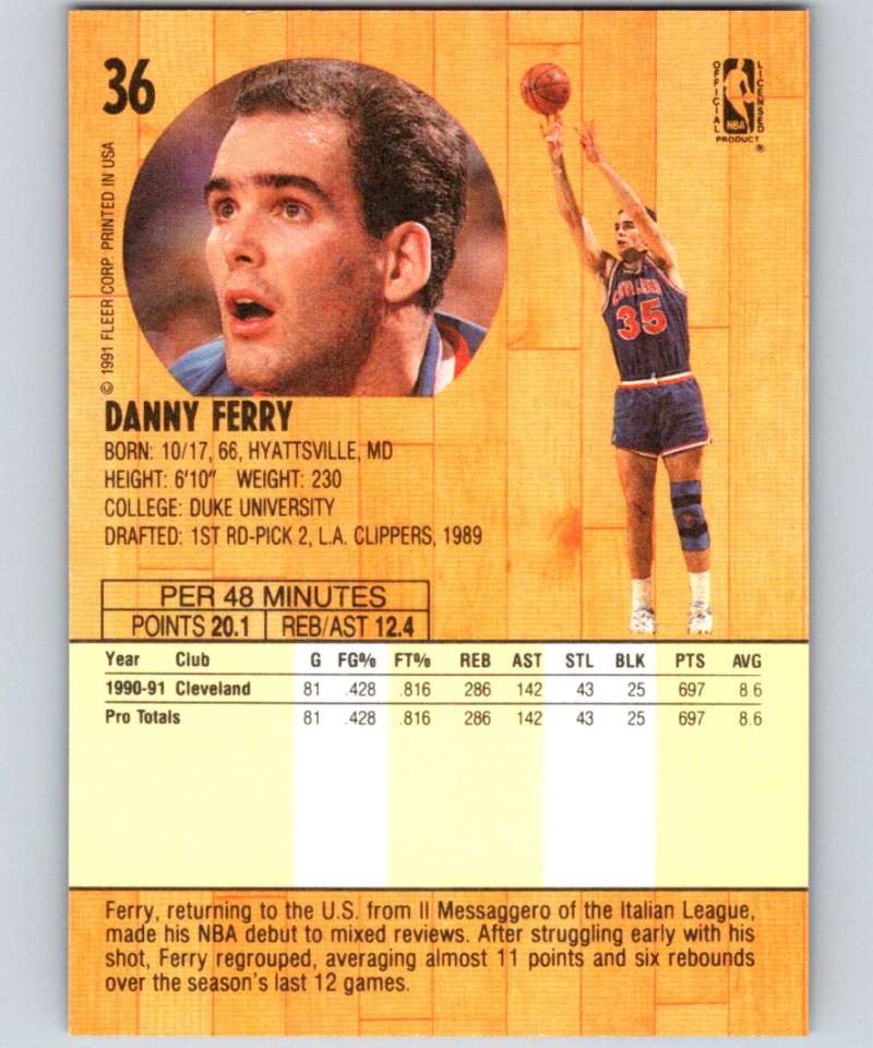 1991-92 Fleer #36 Danny Ferry Cavaliers NBA Basketball Image 2