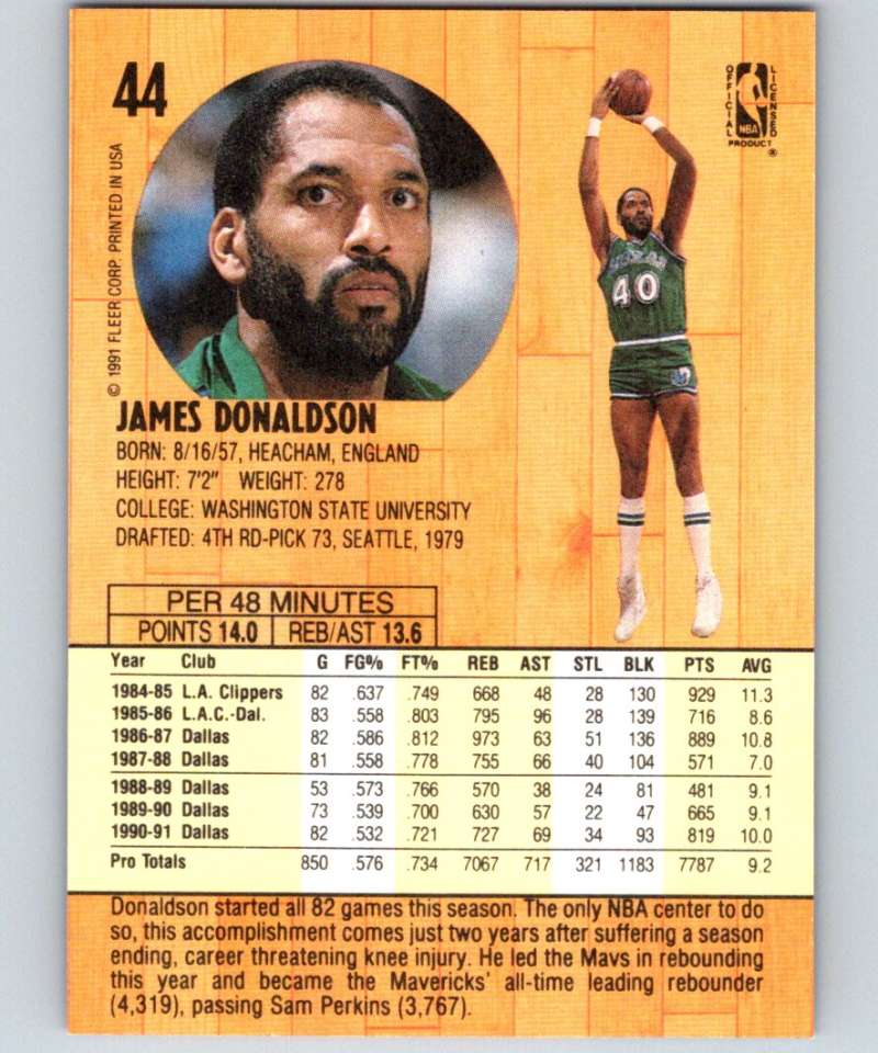 1991-92 Fleer #44 James Donaldson Mavericks NBA Basketball Image 2