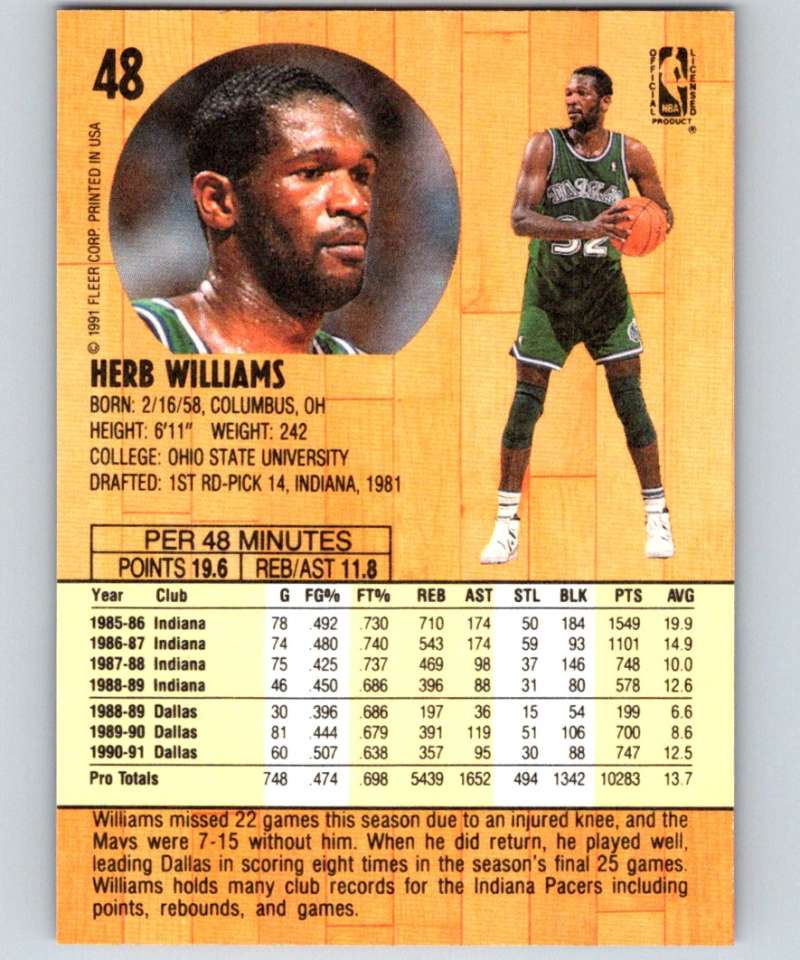 1991-92 Fleer #48 Herb Williams Mavericks NBA Basketball Image 2