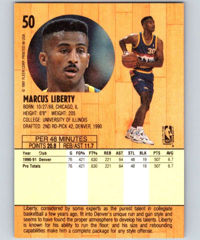 1991-92 Fleer #50 Marcus Liberty Nuggets NBA Basketball Image 2