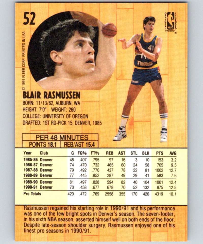 1991-92 Fleer #52 Blair Rasmussen Hawks NBA Basketball Image 2