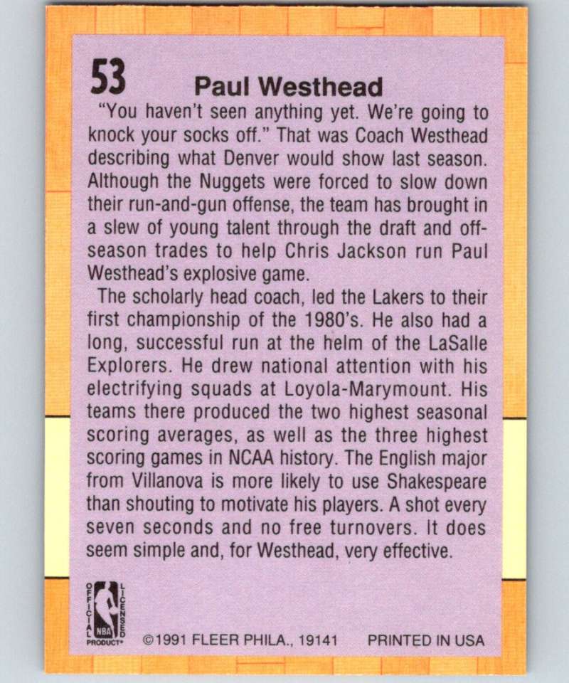 1991-92 Fleer #53 Paul Westhead Nuggets CO NBA Basketball Image 2