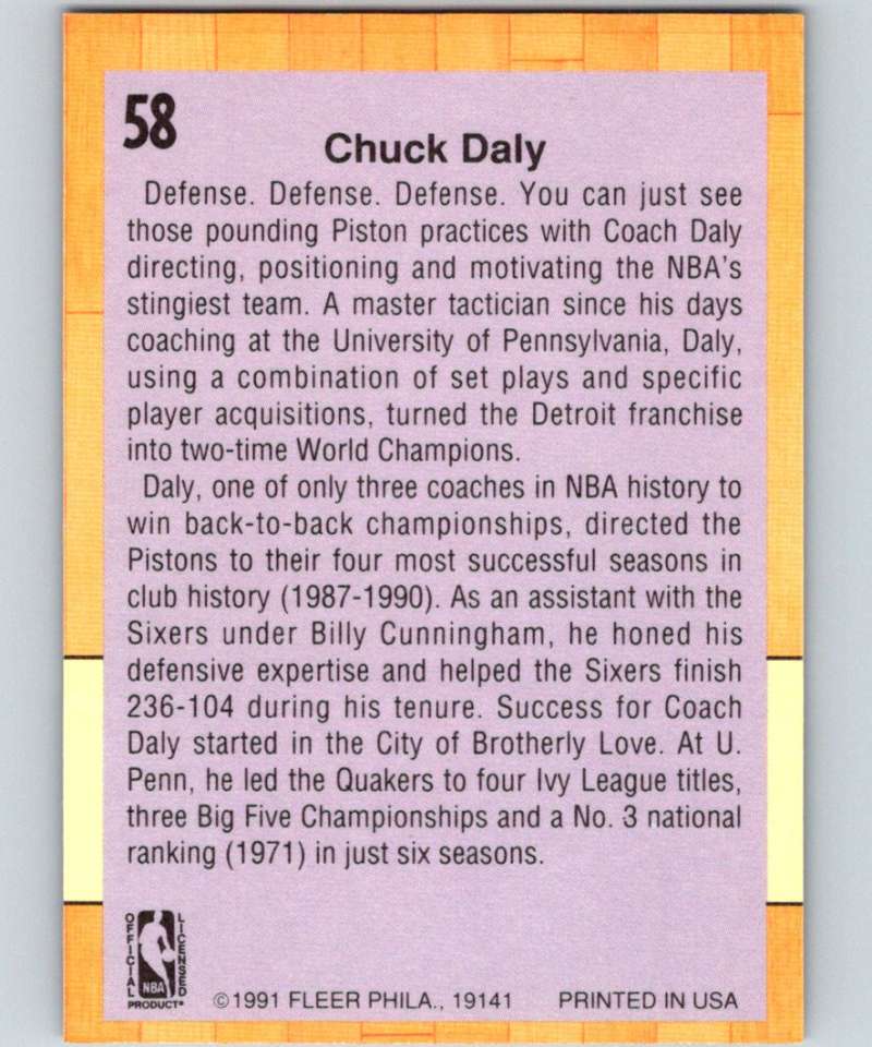 1991-92 Fleer #58 Chuck Daly Pistons CO NBA Basketball Image 2
