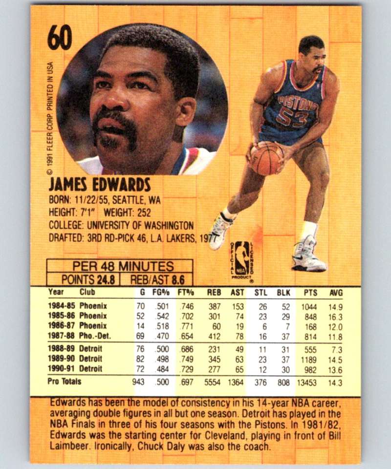 1991-92 Fleer #60 James Edwards Pistons NBA Basketball