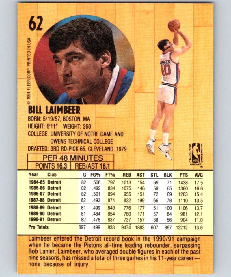 1991-92 Fleer #62 Bill Laimbeer Pistons NBA Basketball