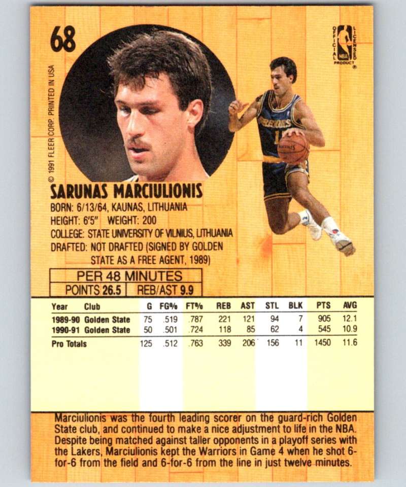 1991-92 Fleer #68 Sarunas Marciulionis Warriors NBA Basketball Image 2