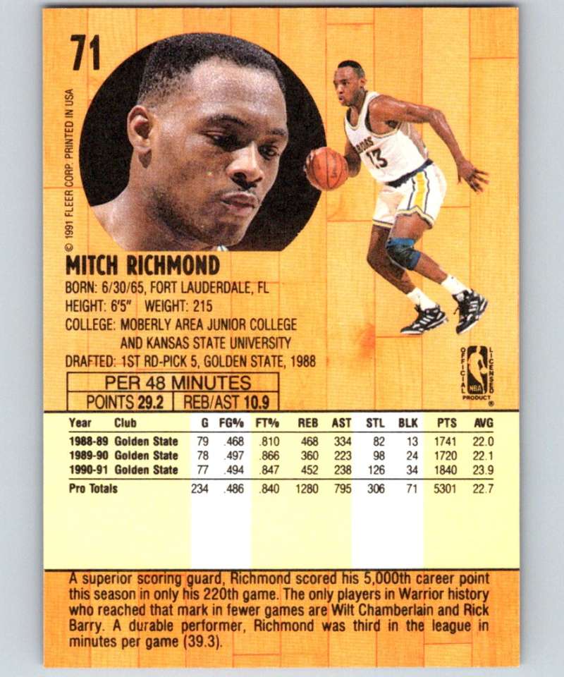 1991-92 Fleer #71 Mitch Richmond Warriors NBA Basketball Image 2