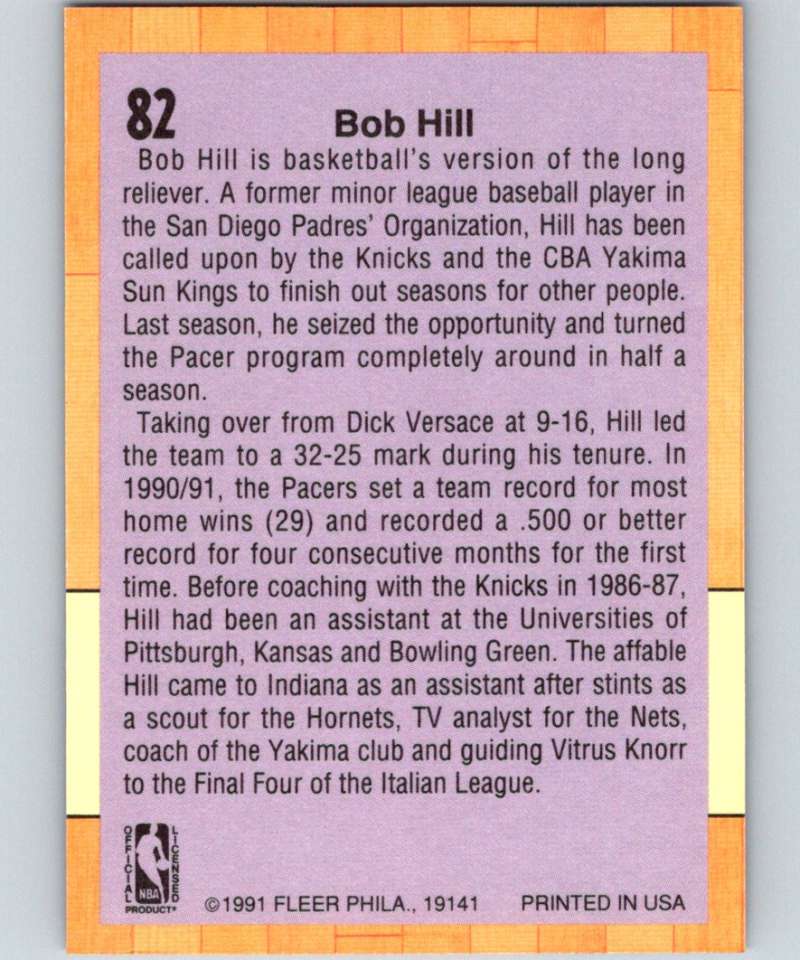 1991-92 Fleer #82 Bob Hill/ RC Rookie Pacers NBA Basketball Image 2