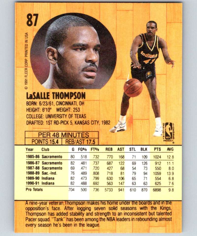 1991-92 Fleer #87 LaSalle Thompson Pacers NBA Basketball