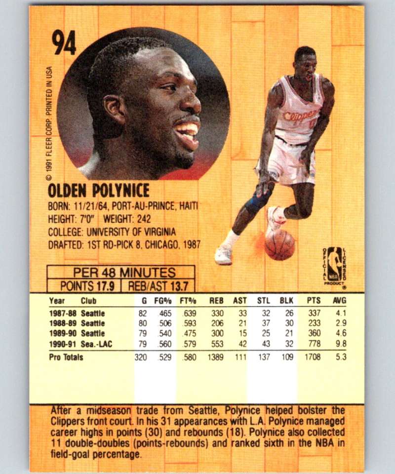 1991-92 Fleer #94 Olden Polynice Clippers NBA Basketball Image 2
