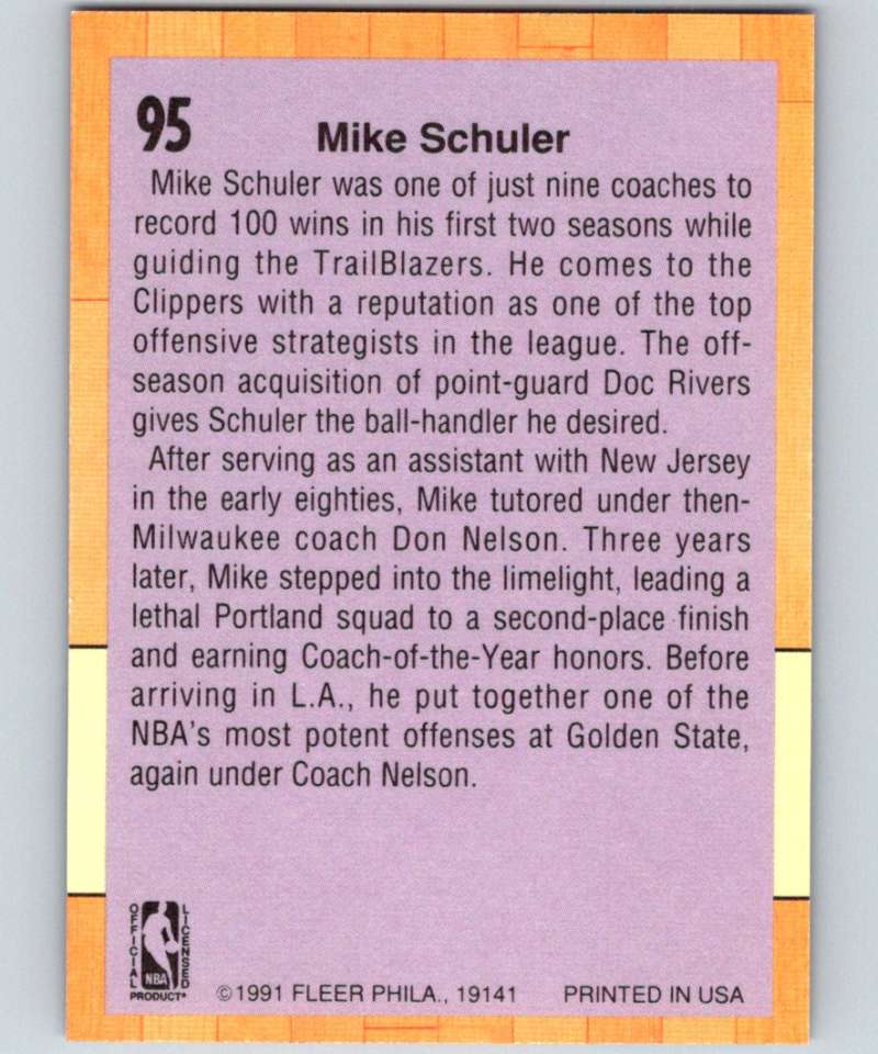 1991-92 Fleer #95 Mike Schuler Clippers CO NBA Basketball Image 2
