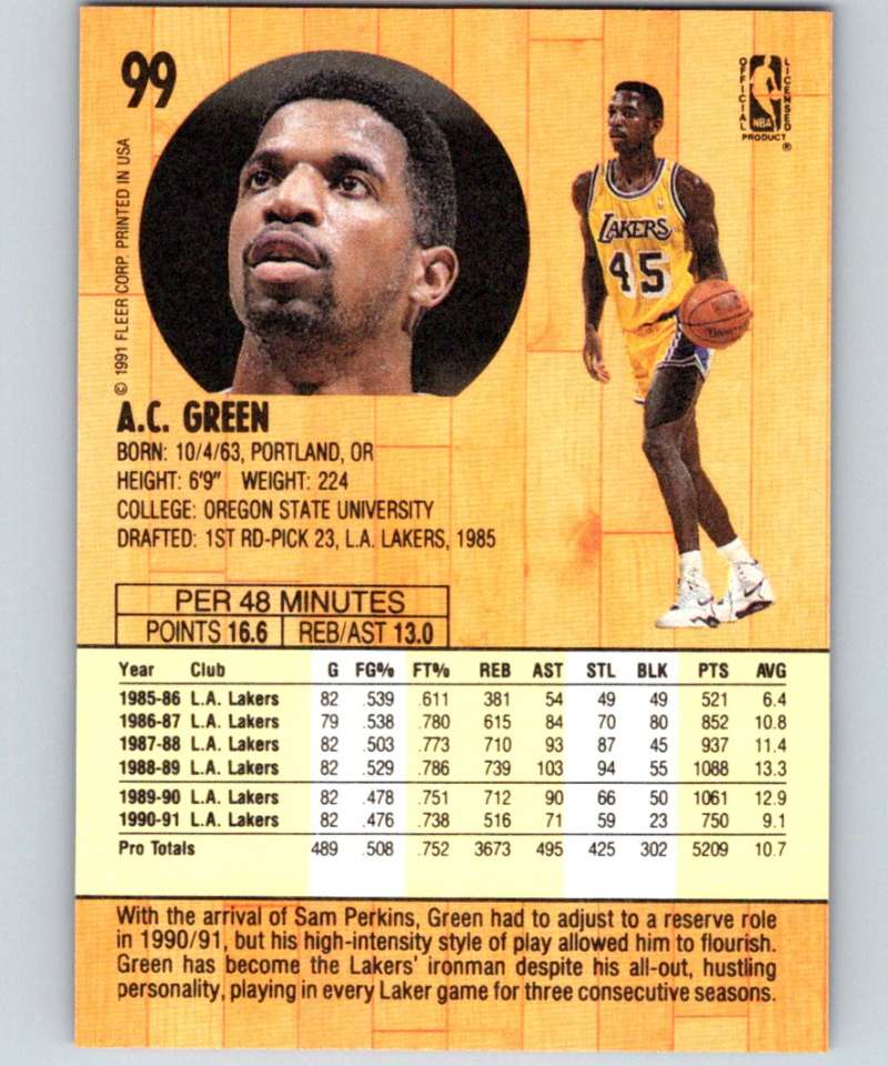 1991-92 Fleer #99 A.C. Green Lakers NBA Basketball Image 2