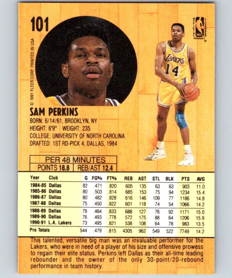 1991-92 Fleer #101 Sam Perkins Lakers NBA Basketball Image 2