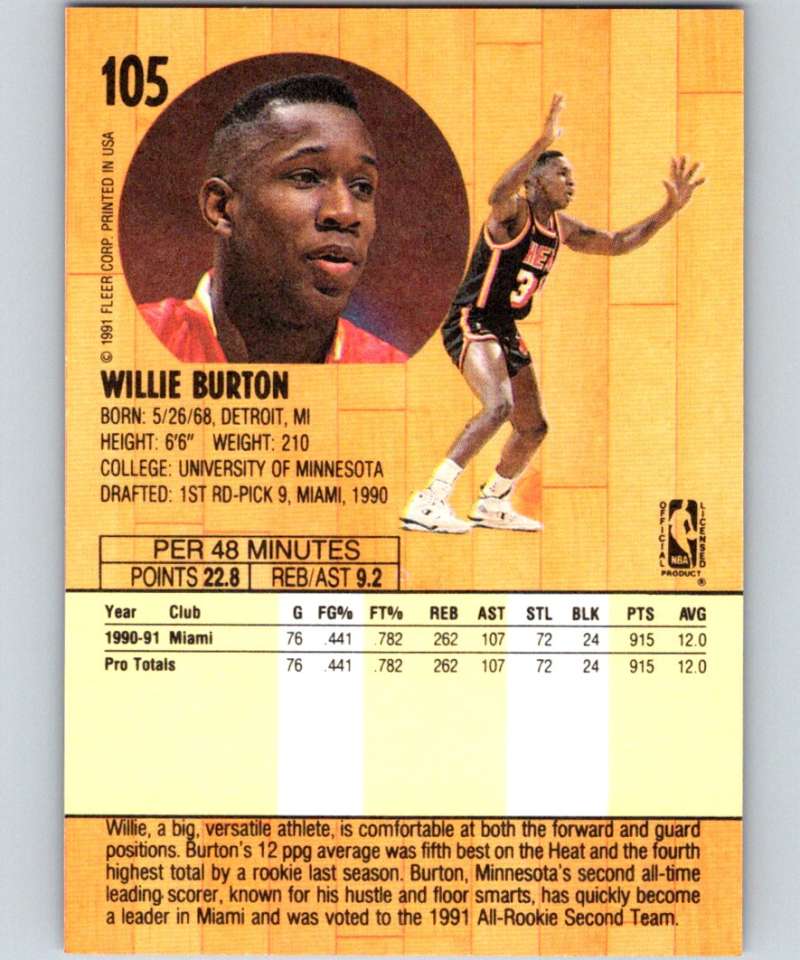 1991-92 Fleer #105 Willie Burton Heat NBA Basketball
