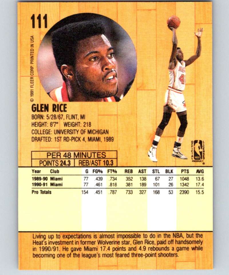 1991-92 Fleer #111 Glen Rice Heat NBA Basketball