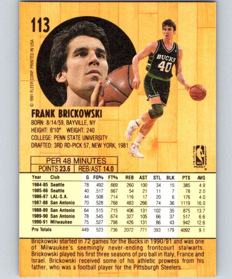 1991-92 Fleer #113 Frank Brickowski Bucks NBA Basketball