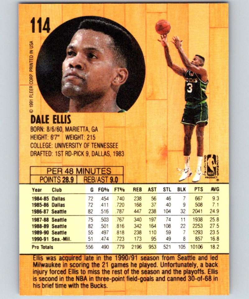1991-92 Fleer #114 Dale Ellis Bucks NBA Basketball Image 2