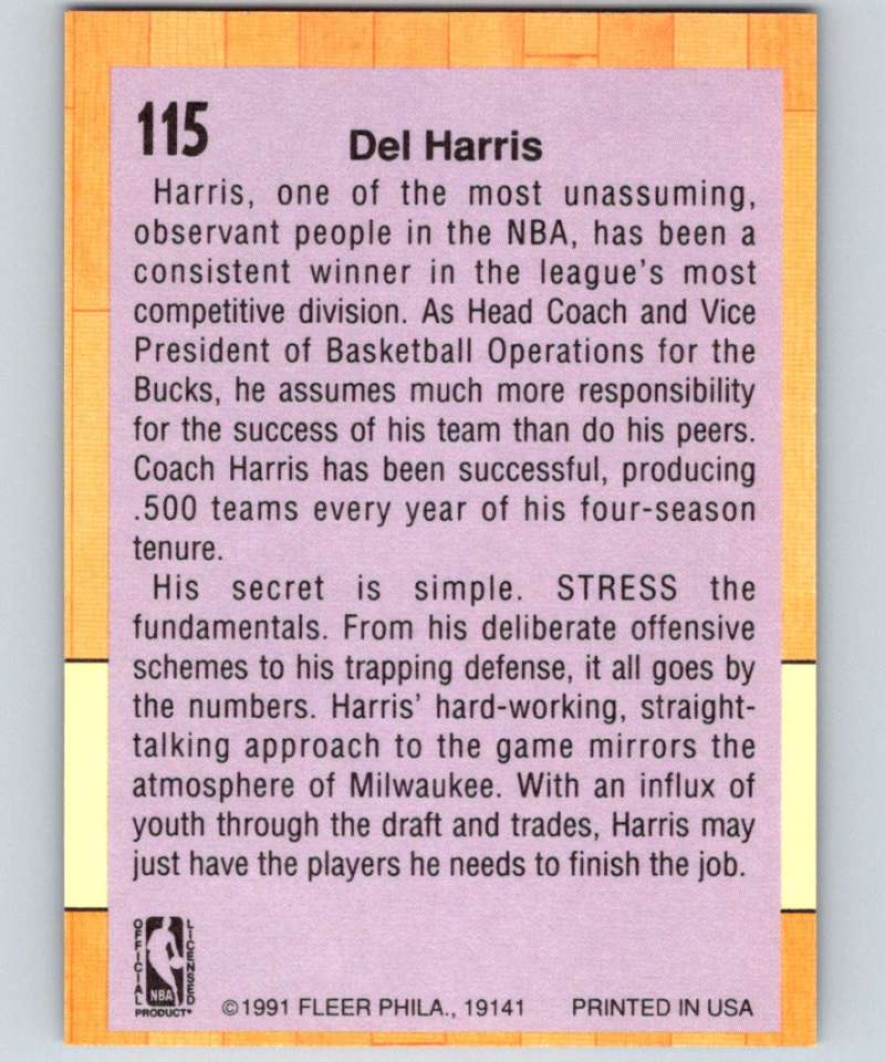 1991-92 Fleer #115 Del Harris Bucks CO NBA Basketball Image 2