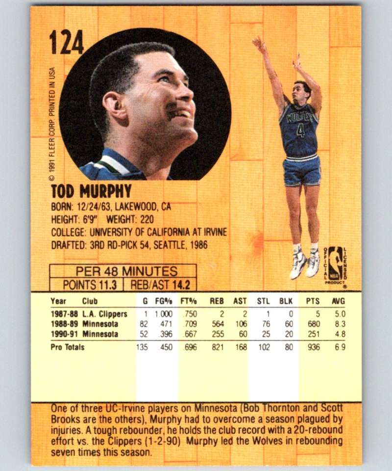 1991-92 Fleer #124 Tod Murphy Timberwolves NBA Basketball Image 2