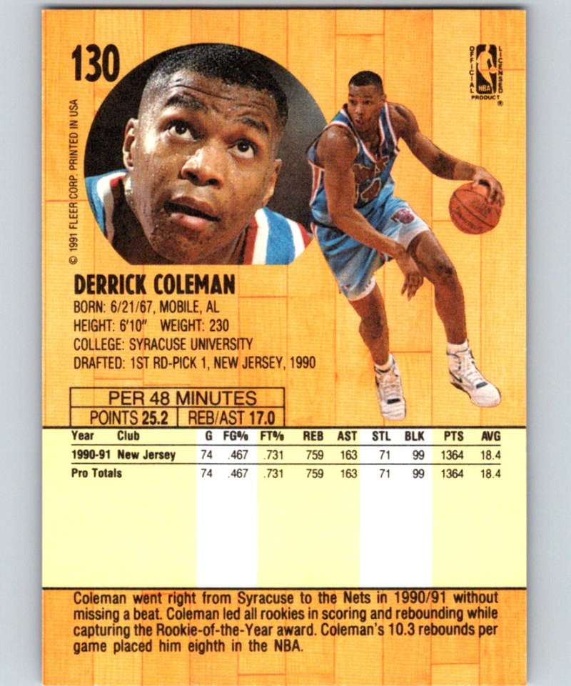 1991-92 Fleer #130 Derrick Coleman NJ Nets NBA Basketball Image 2