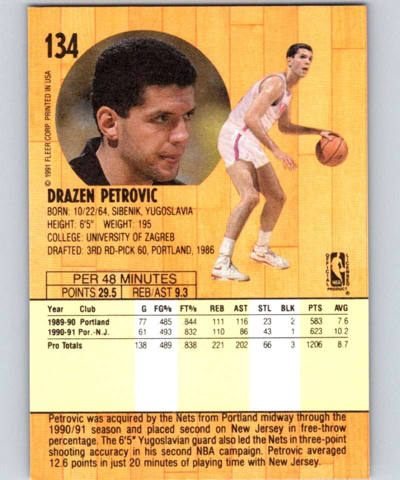 1991-92 Fleer #134 Drazen Petrovic NJ Nets NBA Basketball