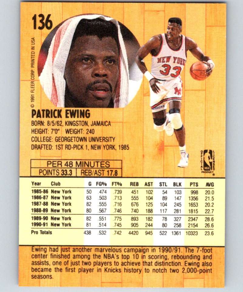 1991-92 Fleer #136 Patrick Ewing Knicks NBA Basketball