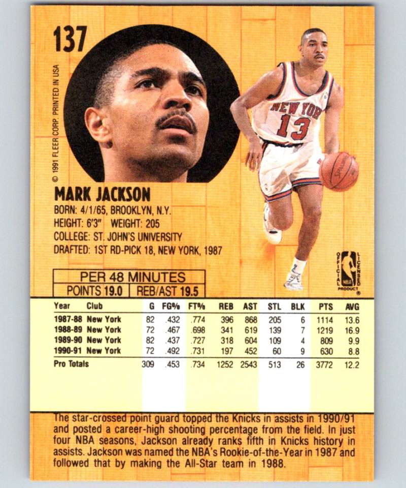 1991-92 Fleer #137 Mark Jackson Knicks NBA Basketball Image 2