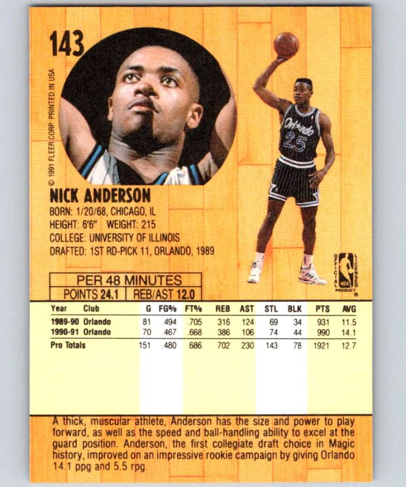 1991-92 Fleer #143 Nick Anderson Magic NBA Basketball