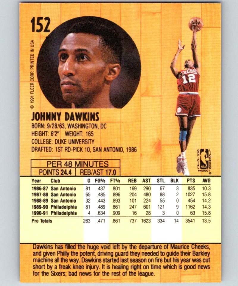 1991-92 Fleer #152 Johnny Dawkins 76ers NBA Basketball