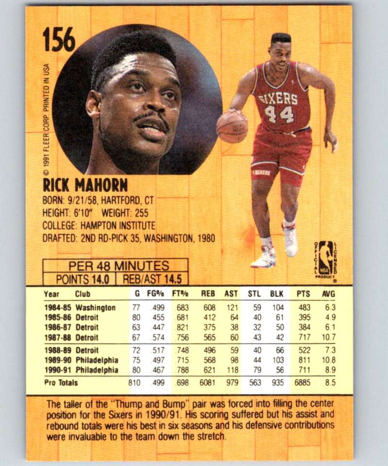 1991-92 Fleer #156 Rick Mahorn 76ers NBA Basketball Image 2