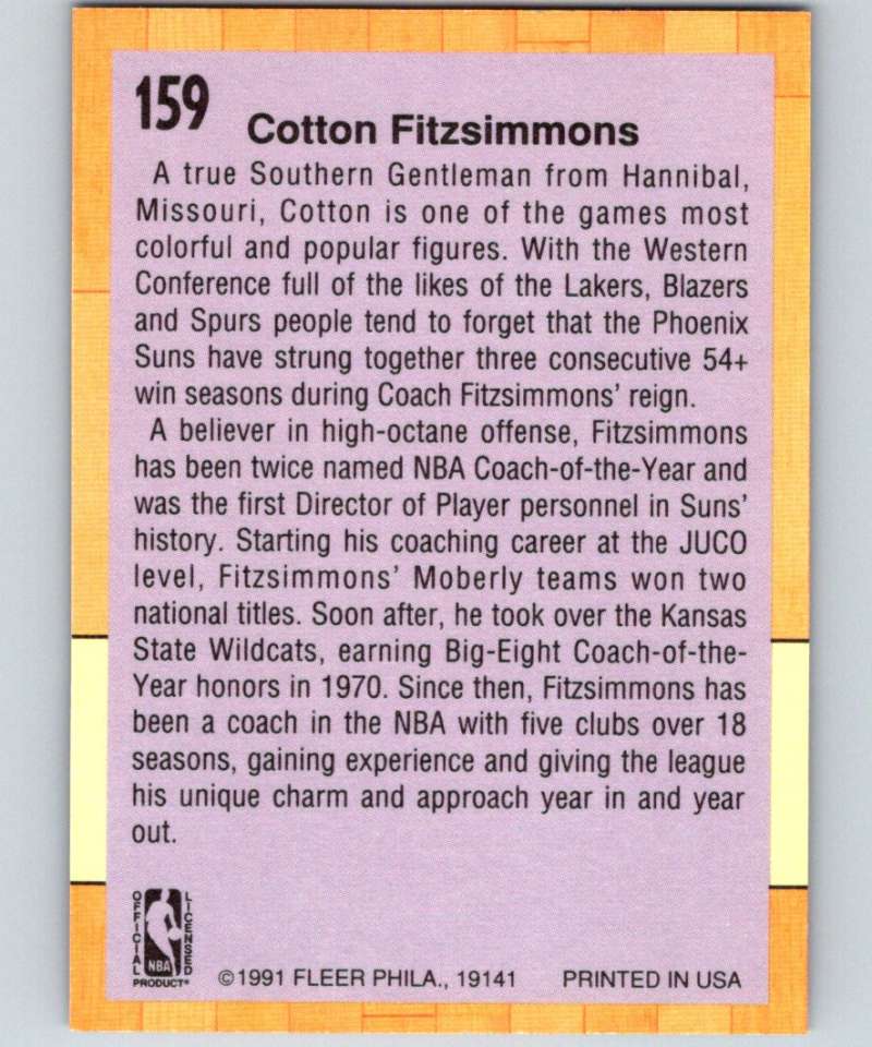 1991-92 Fleer #159 Cotton Fitzsimmons Suns CO NBA Basketball