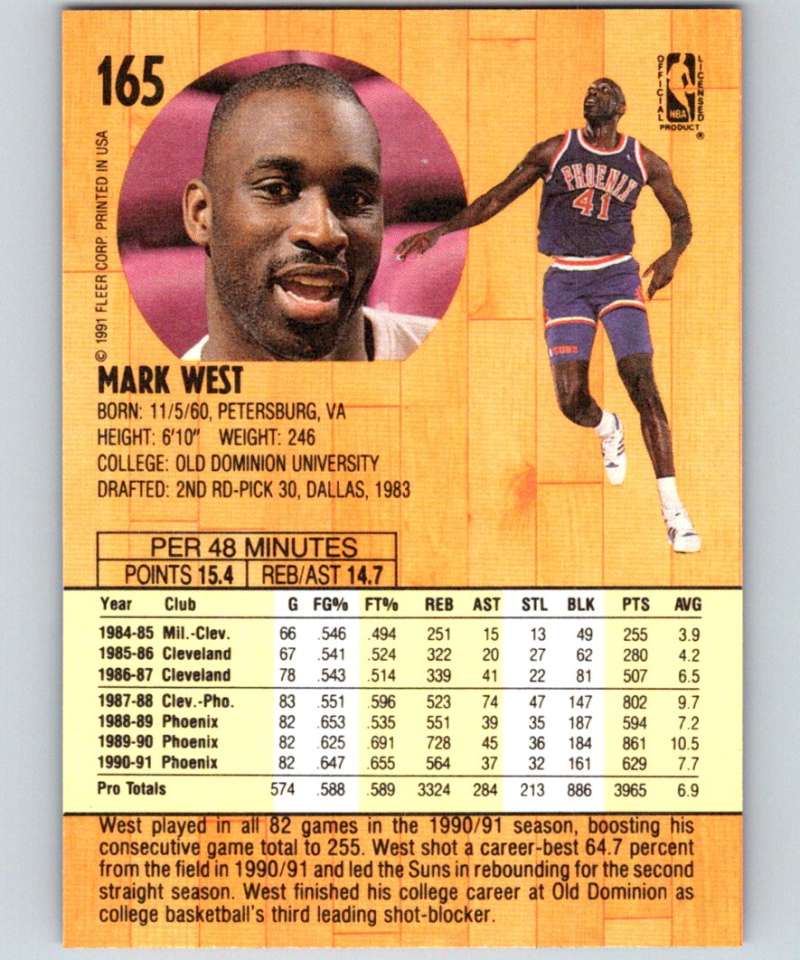 1991-92 Fleer #165 Mark West Suns NBA Basketball Image 2