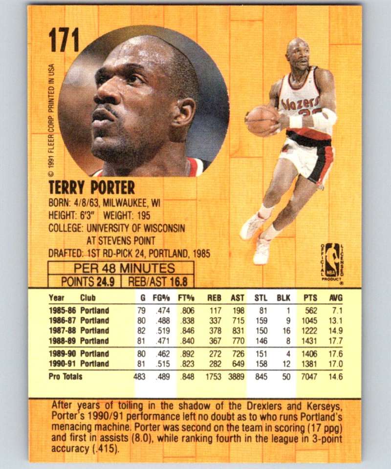 1991-92 Fleer #171 Terry Porter Blazers NBA Basketball Image 2