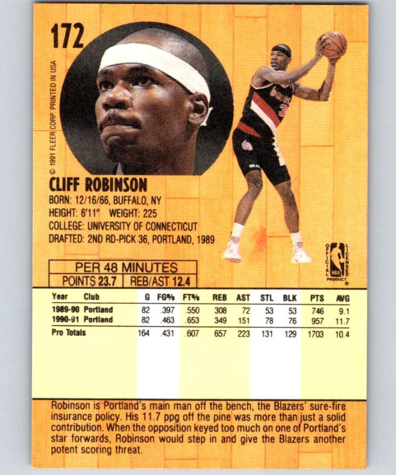 1991-92 Fleer #172 Cliff Robinson Blazers NBA Basketball