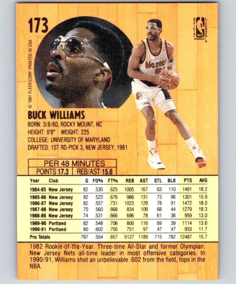 1991-92 Fleer #173 Buck Williams Blazers NBA Basketball Image 2