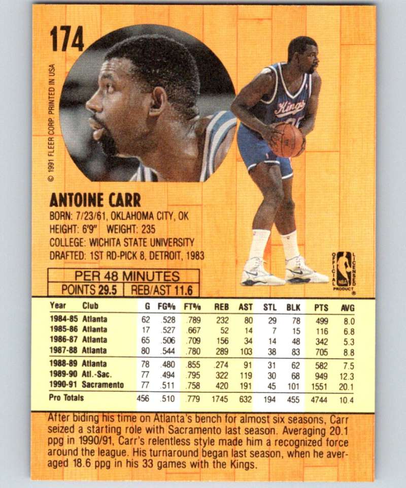 1991-92 Fleer #174 Antoine Carr Sac Kings NBA Basketball