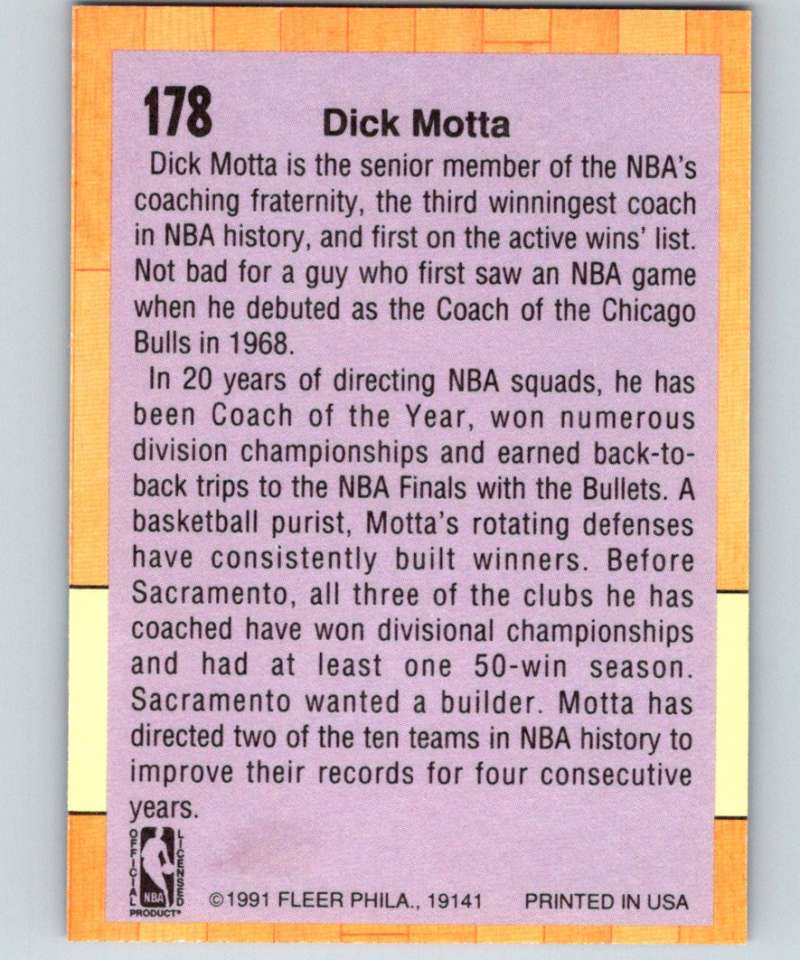 1991-92 Fleer #178 Dick Motta Sac Kings CO NBA Basketball Image 2