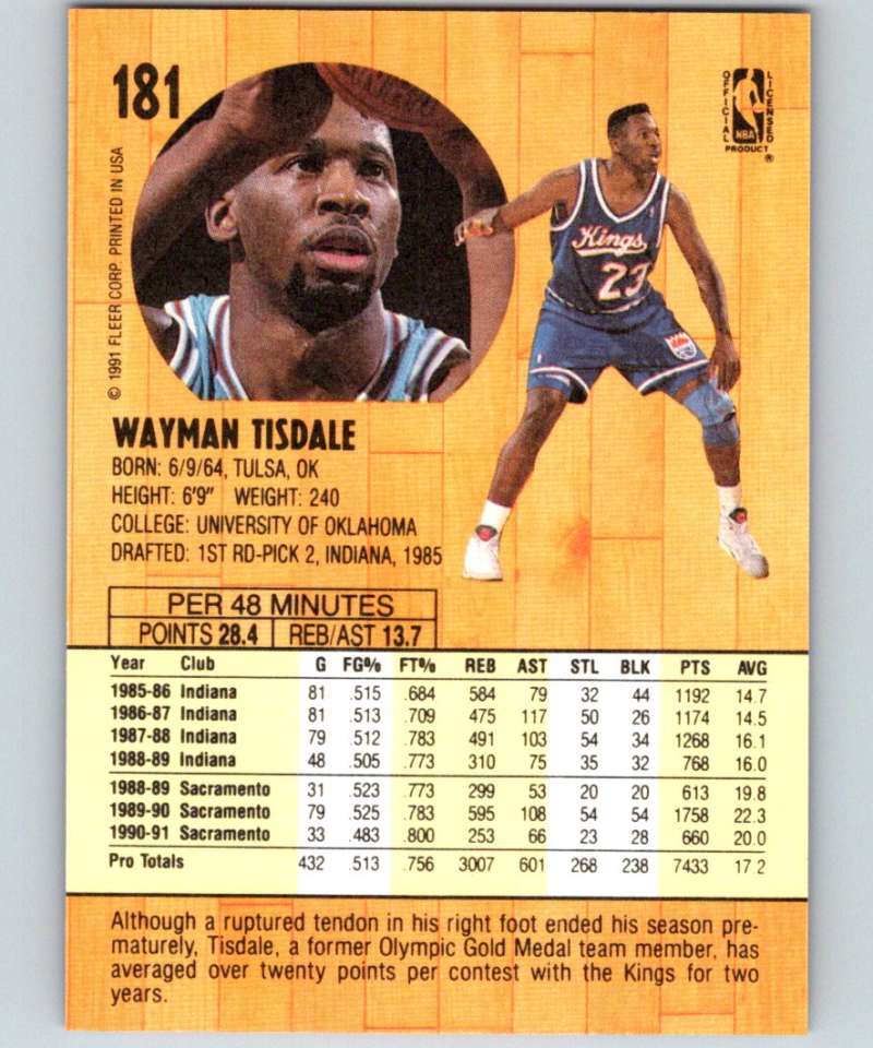1991-92 Fleer #181 Wayman Tisdale Sac Kings NBA Basketball Image 2
